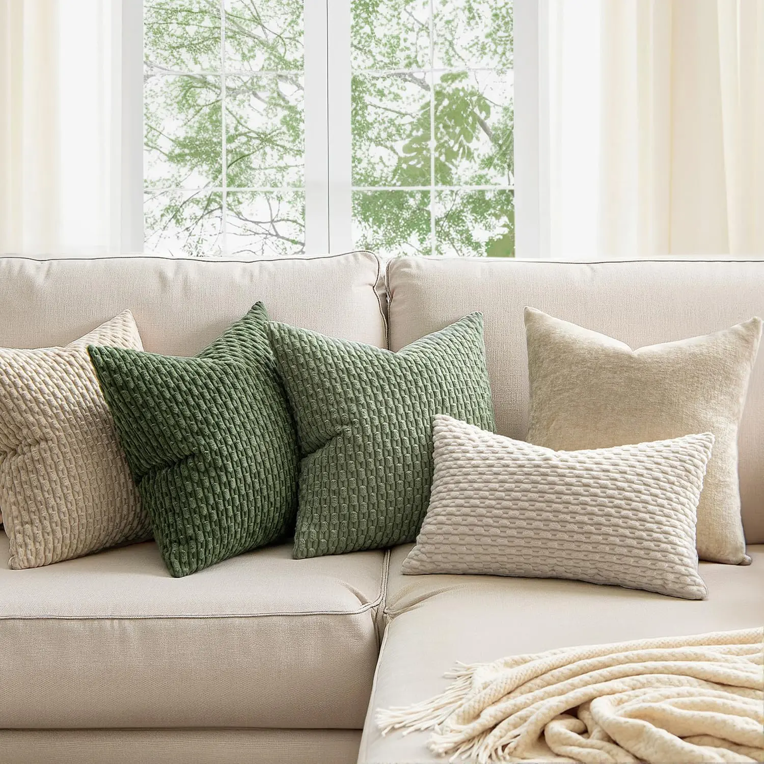 Pack of 2 18x18 Inch Decorative Throw Pillow Covers Soft Boho Striped Textured Corduroy Spring Modern Farmhouse Home Decor for Couch Bed Sofa Living Room Sage Green Pack of 2 18x18 Inch Decorative Throw Pillow Covers Soft Boho Striped Textured Corduroy Spring Modern Farmhouse Home Decor for Couch Bed Sofa Living Room Sage Green