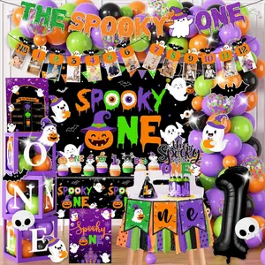 Halloween 1st Birthday Party Decorations 164Pcs The Spooky One Monthly Photo Banner Backdrop Tablecloth Balloon Box Cake Topper Crown Poster for One Year Old Boys or Girls