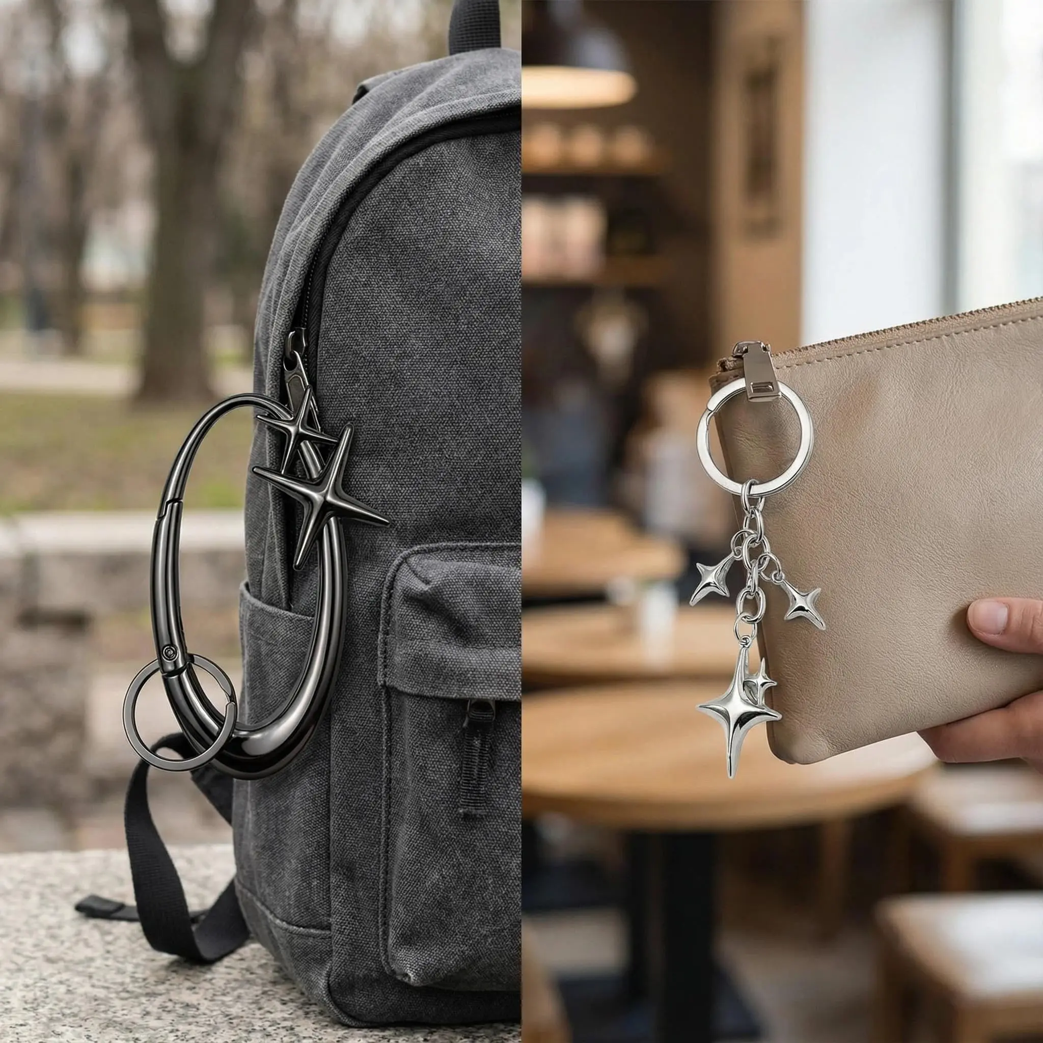 Y2K Star Carabiner Keychain for Women & Men — Aesthetic Star Bag Charm, Chrome Silver & Gunmetal Black Key Ring, Trendy Starlight Accessory for Backpacks, Purses & Jeans, Cool Grunge Goth Stylish Hand Tag, Perfect Streetwear Gift for Daughter