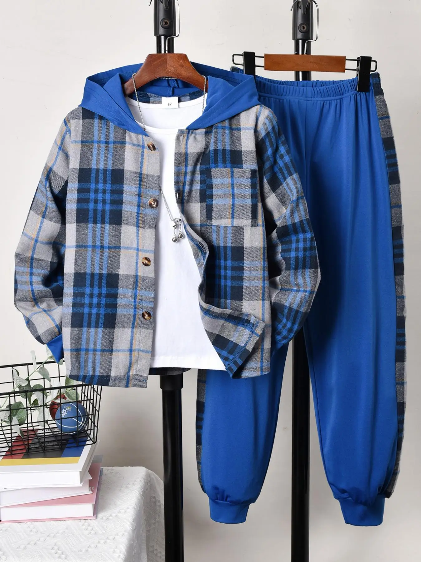 Two-Piece Set Boy's Plaid Print Button Front Hooded Pocket Coat & Pants Set, Casual Long Sleeve Hooded Top & Trousers for Fall Winter, Kids Clothes f