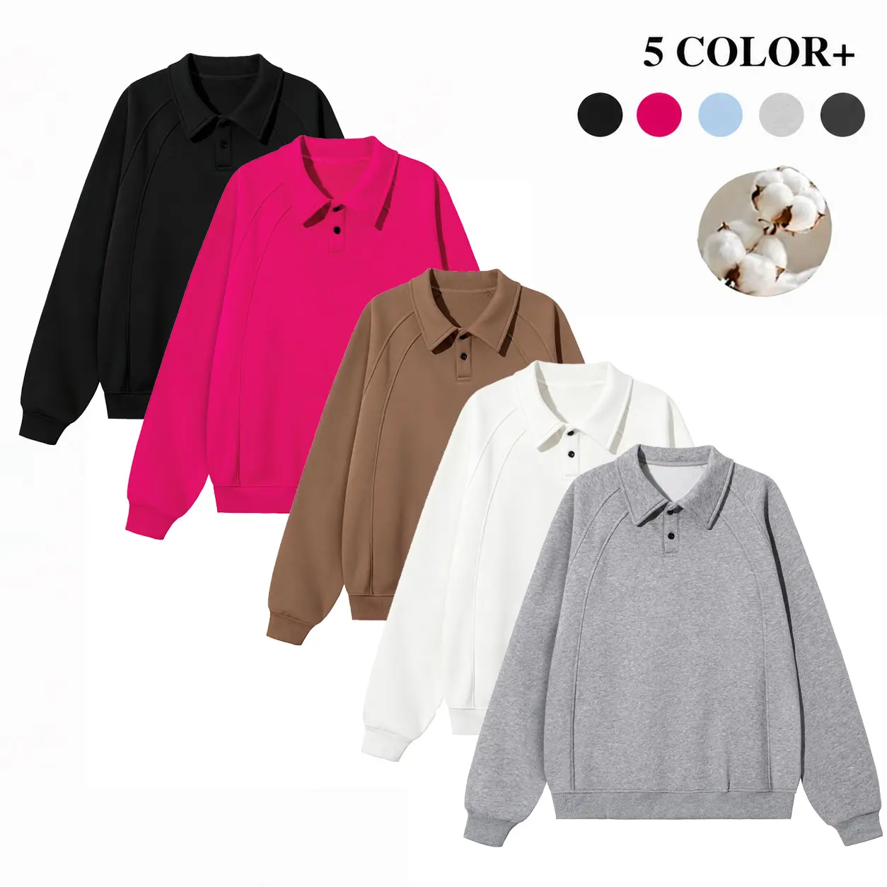 Men’s cotton polo sweatshirt, available in 3-pack or single piece, long sleeves, turn-down collar pullover, button design, soft and comfortable, suitable for streetwear, work, campus, and everyday casual wear.