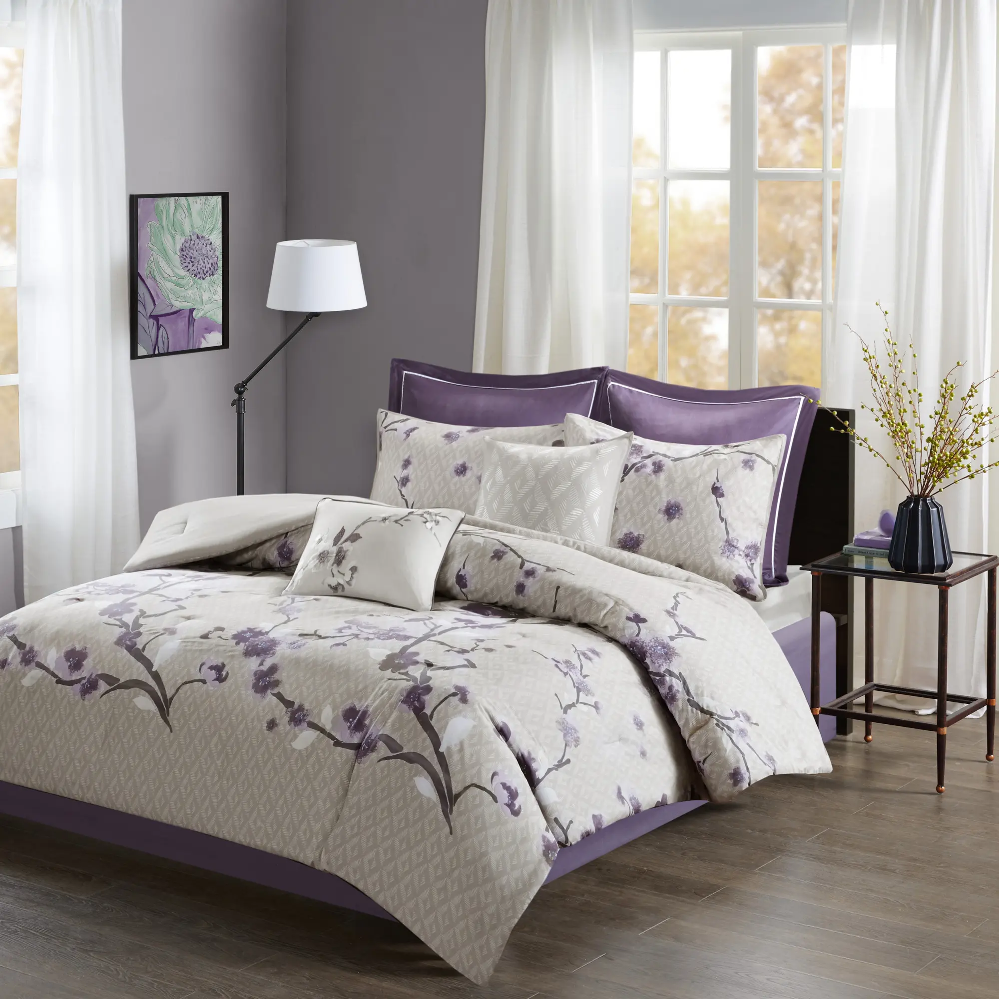 Cotton Comforter Set 8 Piece King Size Reversible Purple and Taupe Bedding with Shams and Decorative Pillows Soft Breathable Down Alternative All Season