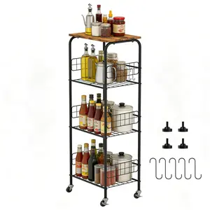 4 Tier Shelving Units and Storage Kitchen Storage Cart with Tabletop Narrow Standing Shelves with Wheels Black Utility Rack Organizer for Kitchen Bathroom Pantry