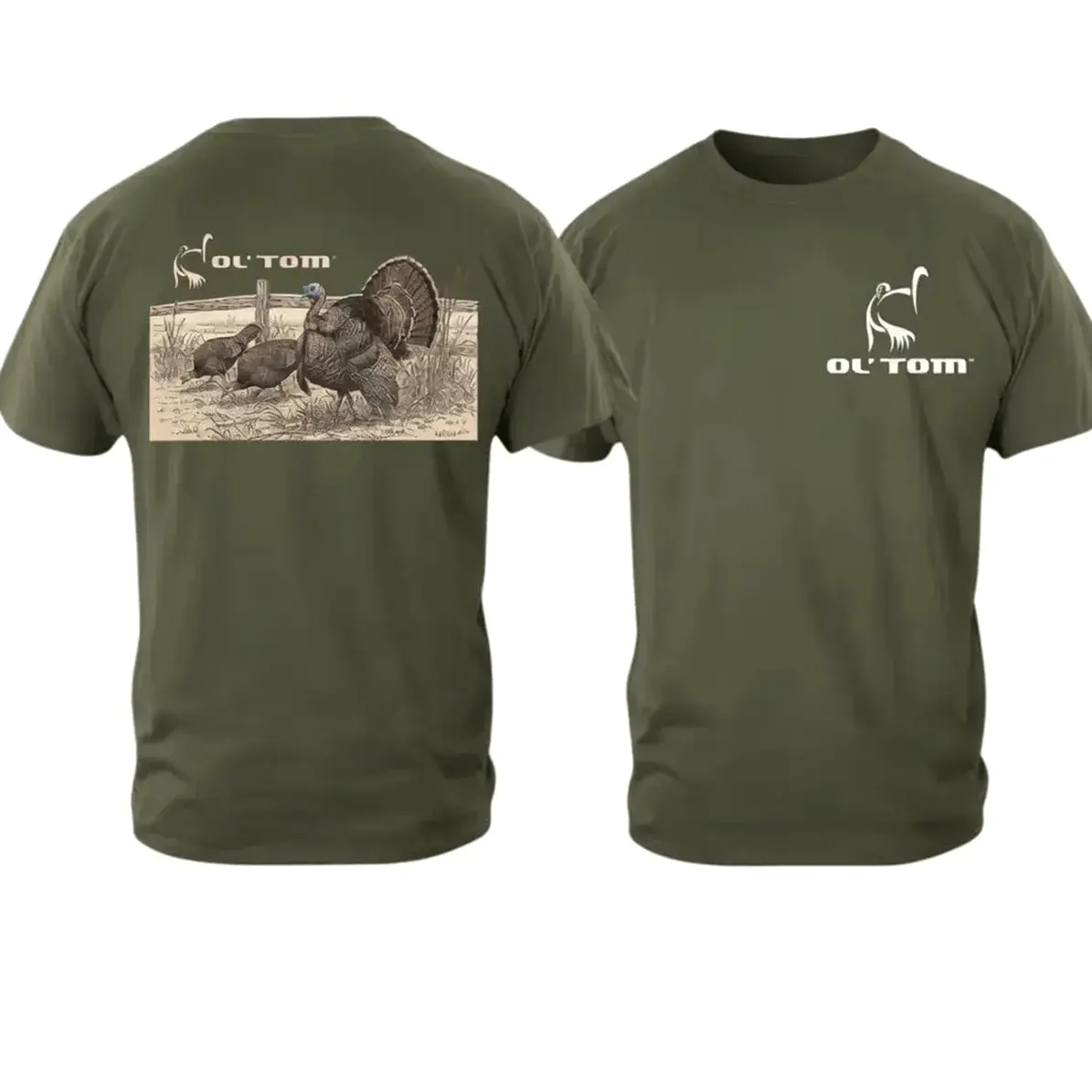 Ol’ Tom Outdoors Unisex 100% Cotton Turkey Hunting Tee - 2-Sided Olive Green Wild Turkey Graphic, Athletic Relaxed Fit, Casual Short-Sleeve Menswear Top, All-Season Hunting Lifestyle Clothes