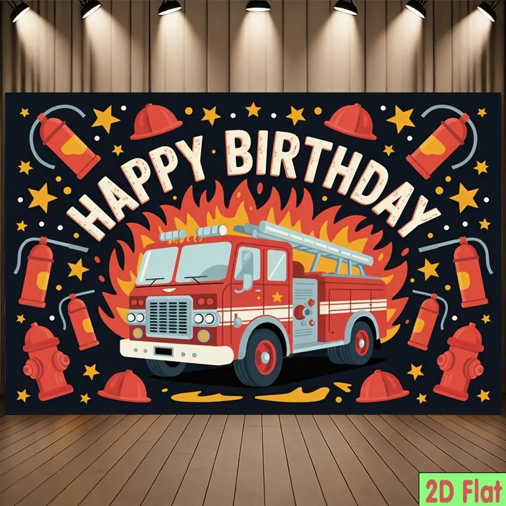 2D Flat Banner Polyester Photography Backdrop, HD Digitally Printed Soft Lightweight Foldable Background Cloth with Fire Truck Firefighter Theme for Birthday Party Decorations, Photo Booth Props, and Event Decor