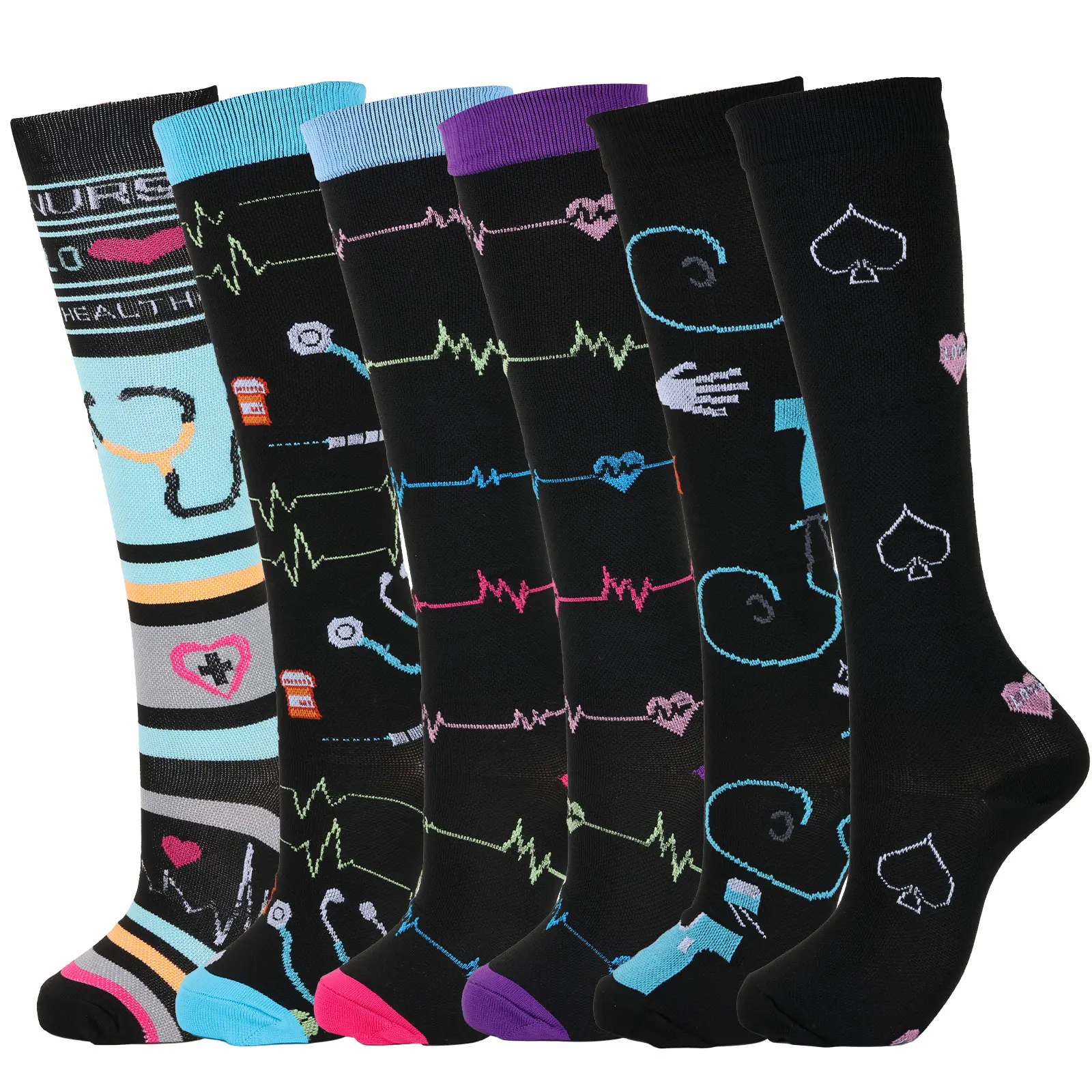 MhzyCaus 6 Pairs Stylish Knee-High Compression Socks – Pink, Beige, Lavender with Polka Dots, Soft Nylon Blend, Breathable & Moisture-Wicking, Perfect for Daily Wear & Holiday Parties Casual Lightweight