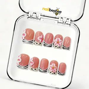 NailBeeBee｜10PCS 100% Handmade Press-On Nails｜C021 0.8 Inch｜Reusable Colorful Art Acrylic Stylish｜Nude Pink French 3D Flower