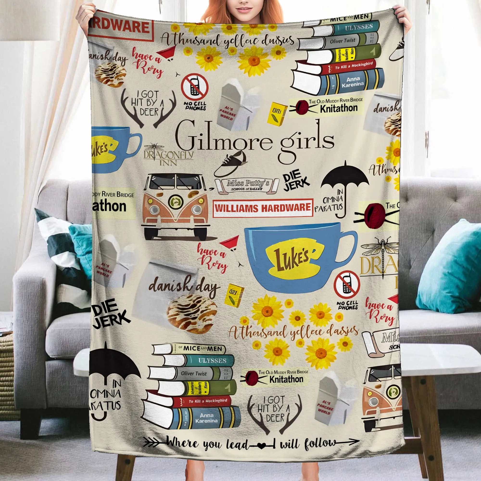 Gilmore Girls Character Quote Flannel Throw Blanket, Stars Hollow Coffeehouse Artwork for Cozy TV Marathons, Soft Sofa Bed Accent, Bookish Bedroom Decor & Birthday Christmas Gift for Drama and Coffee Fans