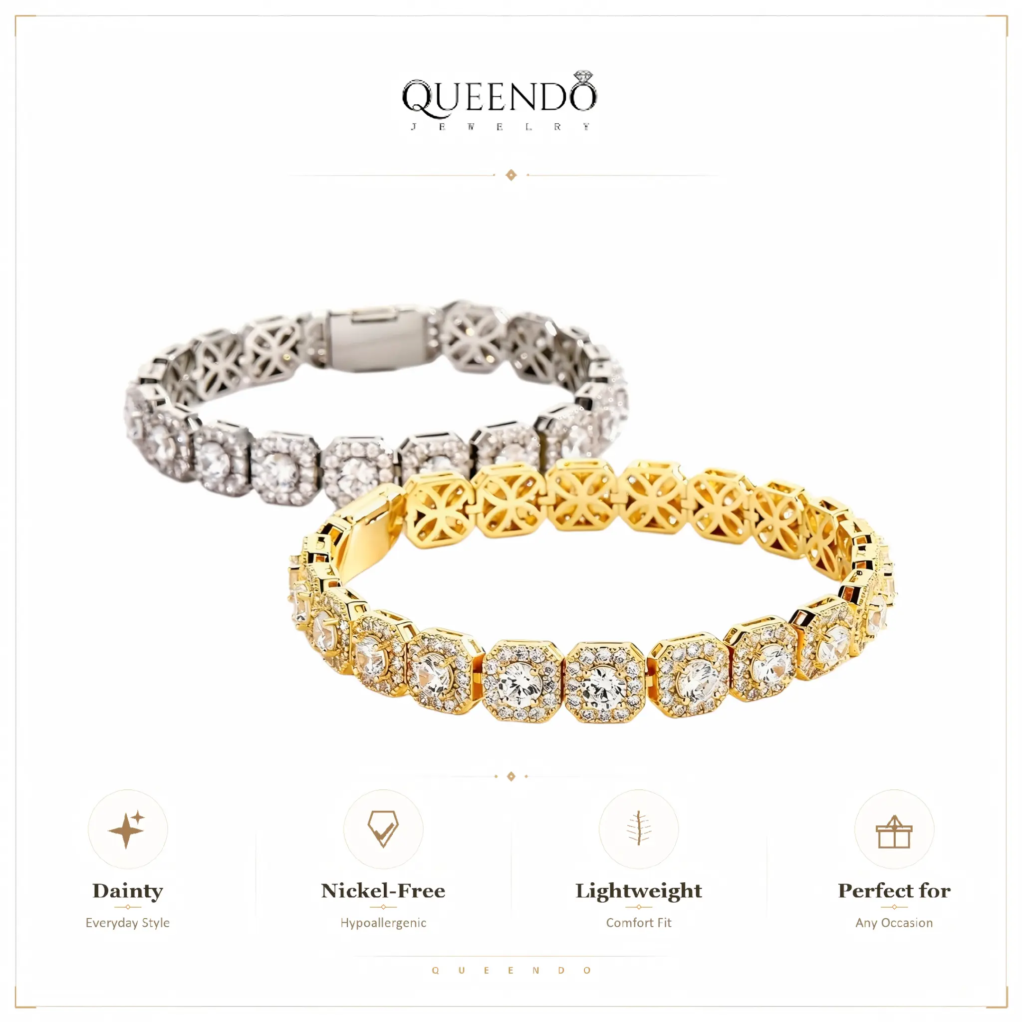 QUEENDO Iced Out Square Halo Tennis Bracelet - Hollow Floral Back Links, Fully Paved Sparkly Stone Square Frame Chain, Adjustable Size, Geometric Look, Unisex Wear, 2 Colors (Gold & Silver), Daily Use Costume Jewelry Gift