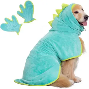 Super Soft Fast-Drying Dog Towel with Drying Gloves for Cold Weather, Beach, Pool - Adjustable Microfiber Bath Robe Set (2 pcs) for Cats and Dogs (XL, Blue Dino)