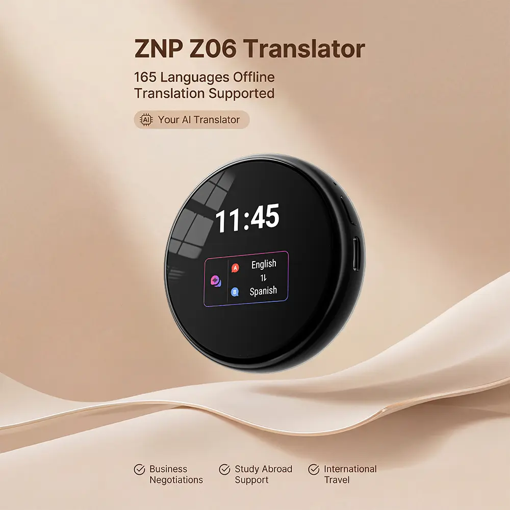 Z06 Round Translation Device with Built-in Multifunction LED Screen, Magnetic Clip, Lanyard Kit, 2TB Storage, Photo Trans, Voice Recording, Long Battery Life – Ideal for Business Meetings, Travel, Language Learning