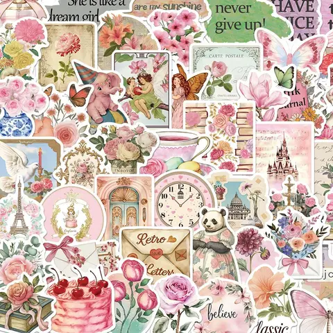 Vintage Flower & Letter Pattern Sticker, 50pcs/set Waterproof Self Adhesive Decor Paper, Decor Sticker for Gift Greeting Card Water Bottle Laptop Phone, Ornaments