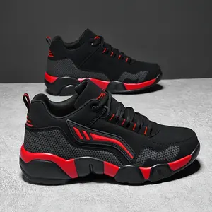 Men'S Lightweight Breathable Athletic Sneakers - Comfortable Mid-Top Lace-Up Shoes with Cushioned EVA Insole, Durable Synthetic & Fabric Upper for Casual & Sports Wear, Black with Red Accents, Sports Footwear | Sleek Midtop | Comfortable Fi