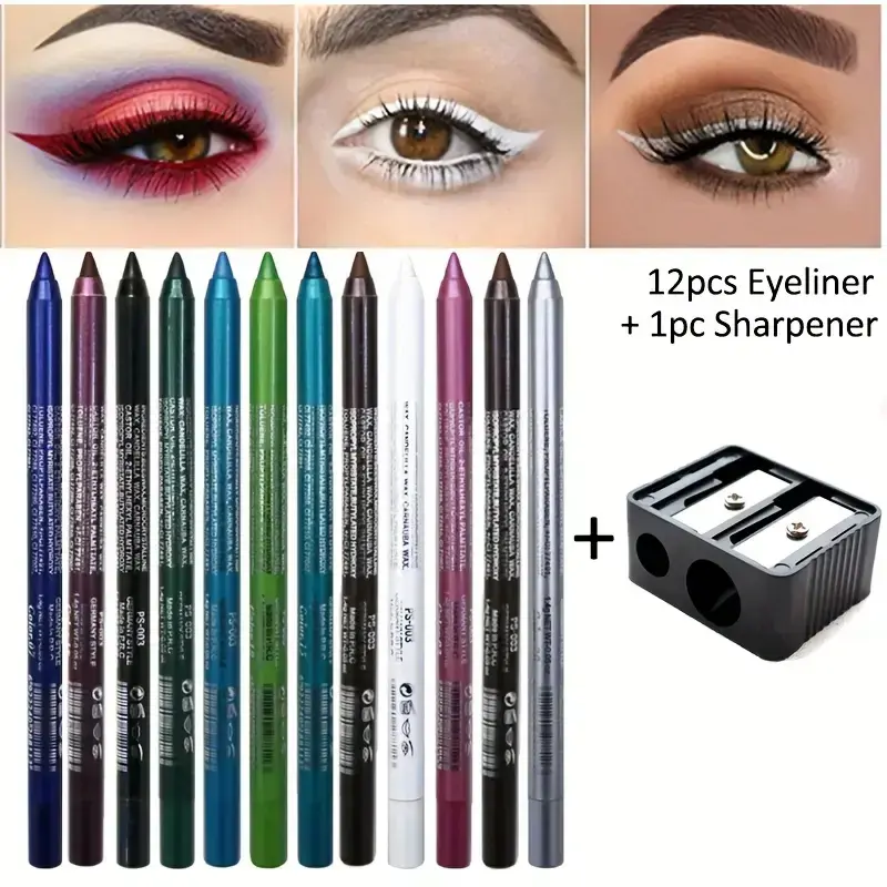 12 PCS Colorful Eyeliner Pen with Sharpener, Eye Shadow Pencil, Pearl & Matte Metallic Glitter Eyeliner for Women, Professional Daily Makeup Accessories, Cosmetic