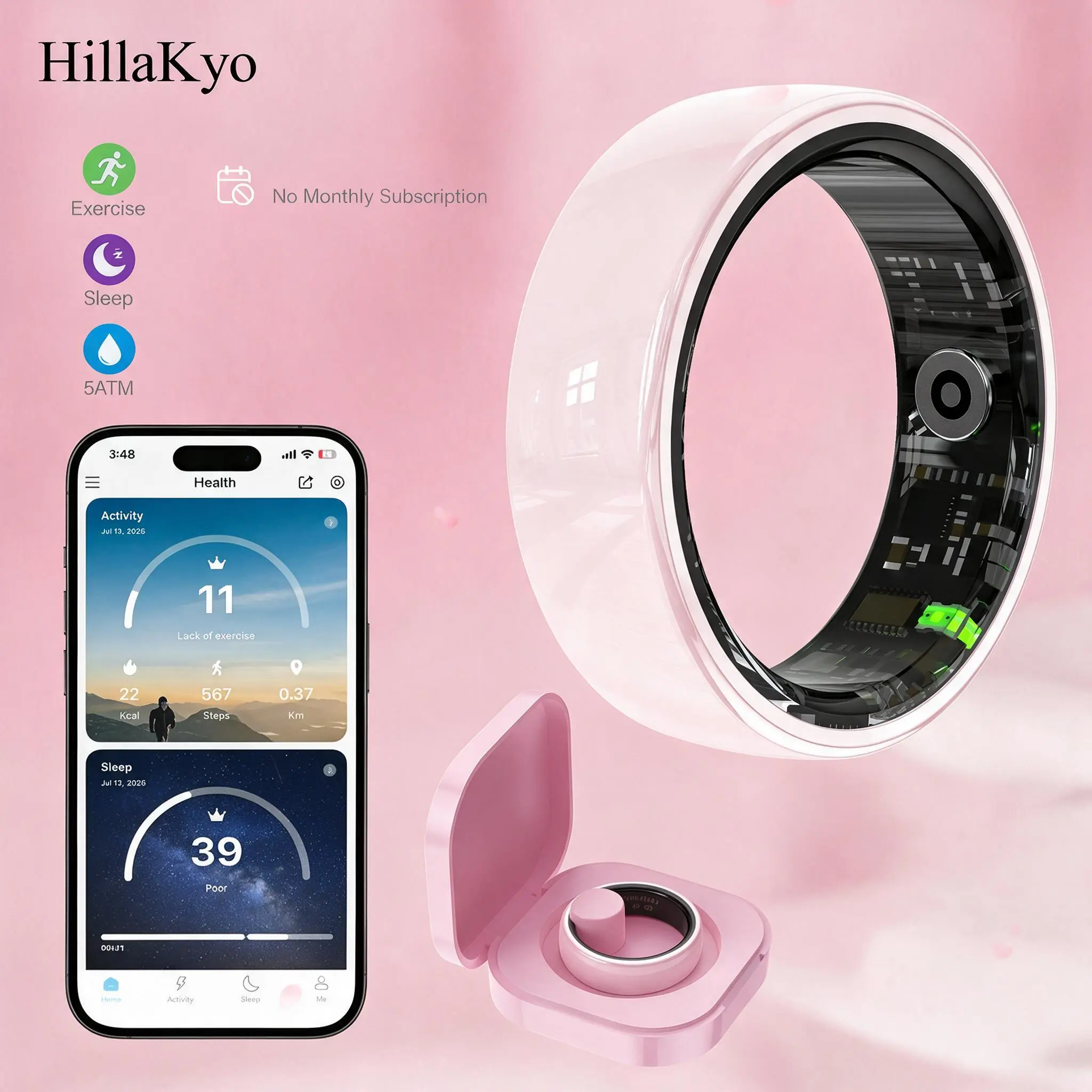 2026 Hillakyo Pink Ceramic Smart Ring - No Subscription Fee, 24/7 Sleep Health Tracking, HRV, Body Temperature, Stress, Menstrual Cycle, Heart Rate, SpO2 Monitoring,Steps Calorie Fitness, IP68 Waterproof, iOS&Android,Christmas Gift #FitTok Wearable