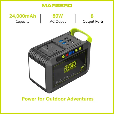 MARBERO 88.8Wh Portable Power Station 24000mAh Portable Charger with 80W AC Out (120W Peak), 8 Output Ports, Built-in LED Panel (2 Lighting Modes, 3 Brightness Levels), Fast Charging for Camping, Emergencies,sohoc