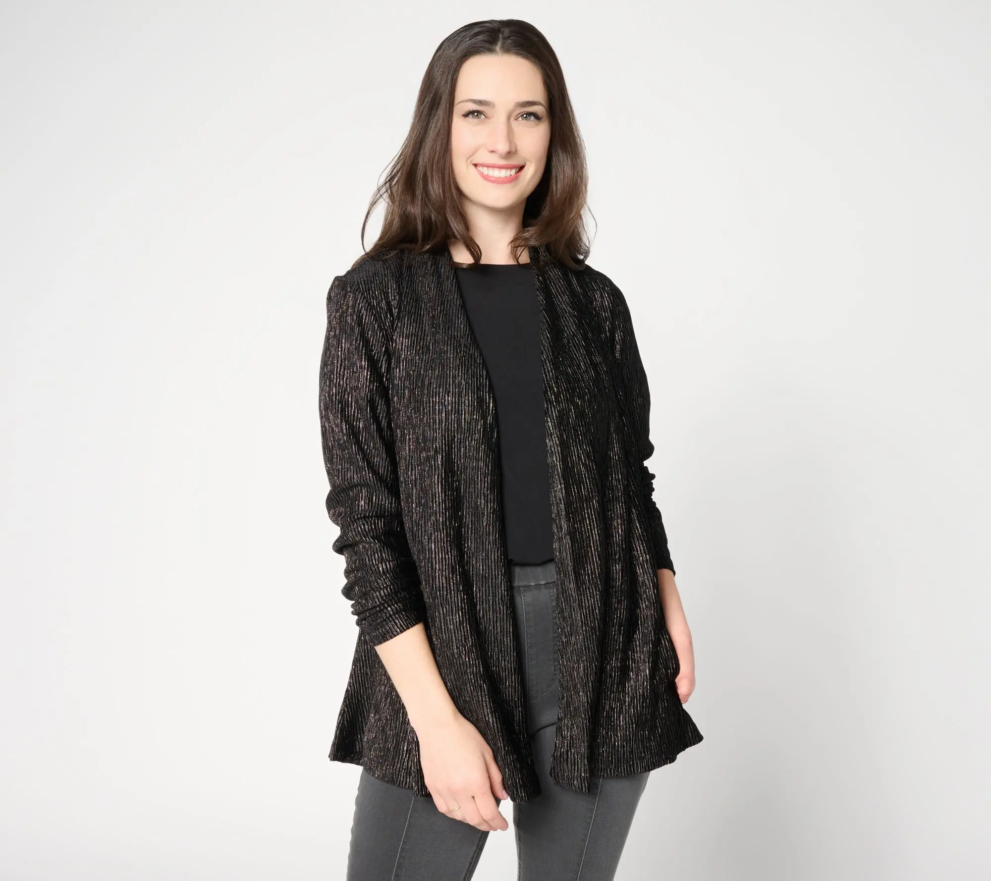 Susan Graver Regular Foiled Textured Knit Open Front Cardigan