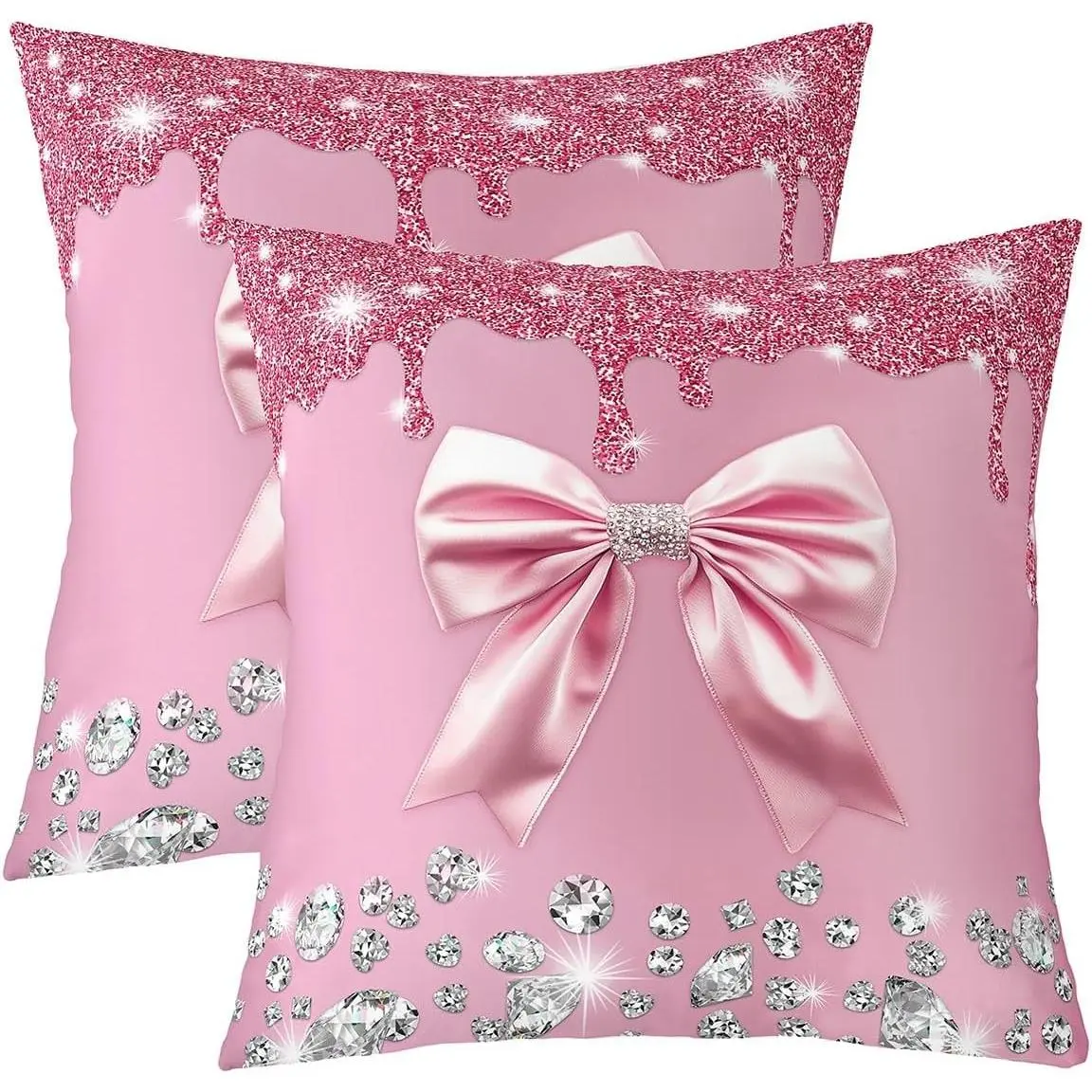 Grey Diamond Throw Pillow Covers,Sparkling Sequins Bow Kawaii Bowknot SquarGlitter Cute Ribbon Bow Knot Decorativ,Starry Sky Princess Tie Cushion Covers