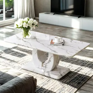 【GOOGREAT】Modern minimalist grey marble pattern sticker pattern MDF rectangular coffee table. Add a tranquil and comfortable atmosphere to your home. MDF coffee table, grey marble pattern sticker, side table.
