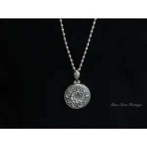 999 Fine Silver Pendant, Pure Silver Necklace, Traditional Silver Accessories, Carved Flowers, Lotus Flower, Licensed Pure Silver(33g),Miao