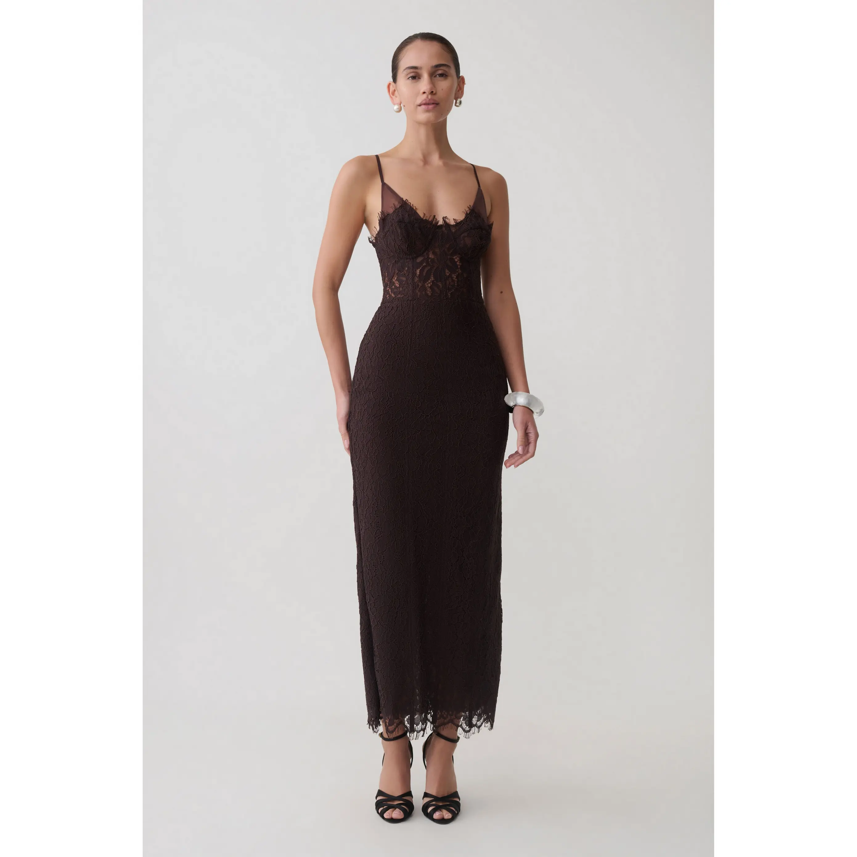 Ottilie Lace And Mesh Midi Dress - Dark Chocolate