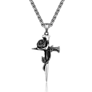 Men's Rose & Cross Stainless Steel Necklace - Trendy Light Luxury Niche High-Design Vintage Pendant with Elegant Rose Detail