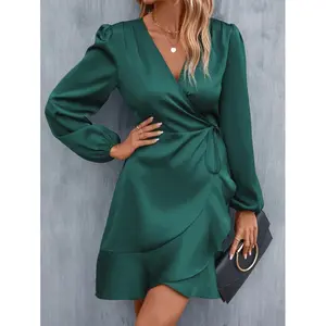 Women's Solid Color Wrap Tie Lantern Sleeve Elegant Dress
