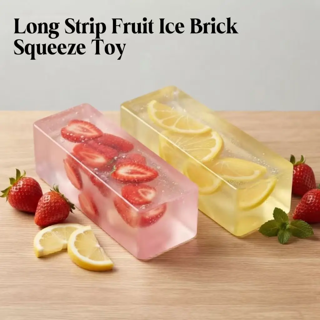 Transparent Fruit Jelly Bar Squishy Fidget Toy, Long Ice Block Squeeze Toy with Strawberry & Orange Slices Inside, Slow Rebound TPR Stress Relief Sensory Toy for Anxiety Relief, ASMR Satisfying Desk Toy Gift for Kids Adults