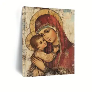 1pc Vintage Wooden Framed Canvas Painting - Russian Orthodox Icon of Virgin Mary and Youngsters Jesus, 2D Flat Wall Art Print, Ready to Hang, Perfect Home Decor for Bedroom, Living Room, or Office, Ideal Holiday Gift, Large Canvas Wall Art, 2D Flat