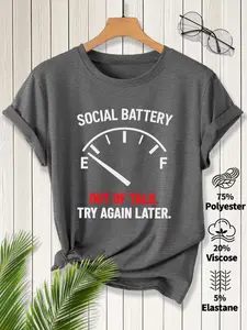 2026 Spring/Summer New Women's Round Neck "Social Battery" Social Anxiety Level Print Daily Commute Short Sleeve T-Shirt, Vintage Distressed Style Casual Top, Soft High-Quality Women's Apparel