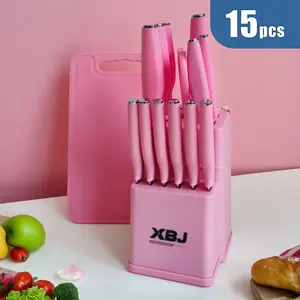 【tiktok shop deals】Premium 15-Piece Stainless Steel Knife Set with Built-in Sharpener - Kitchen Gift Set Including Chef/Japanese/Meat Cleaver/Bread Knives & Scissors, Washable Block Pink Utensils Storage Home Plastic Silicone Cutting