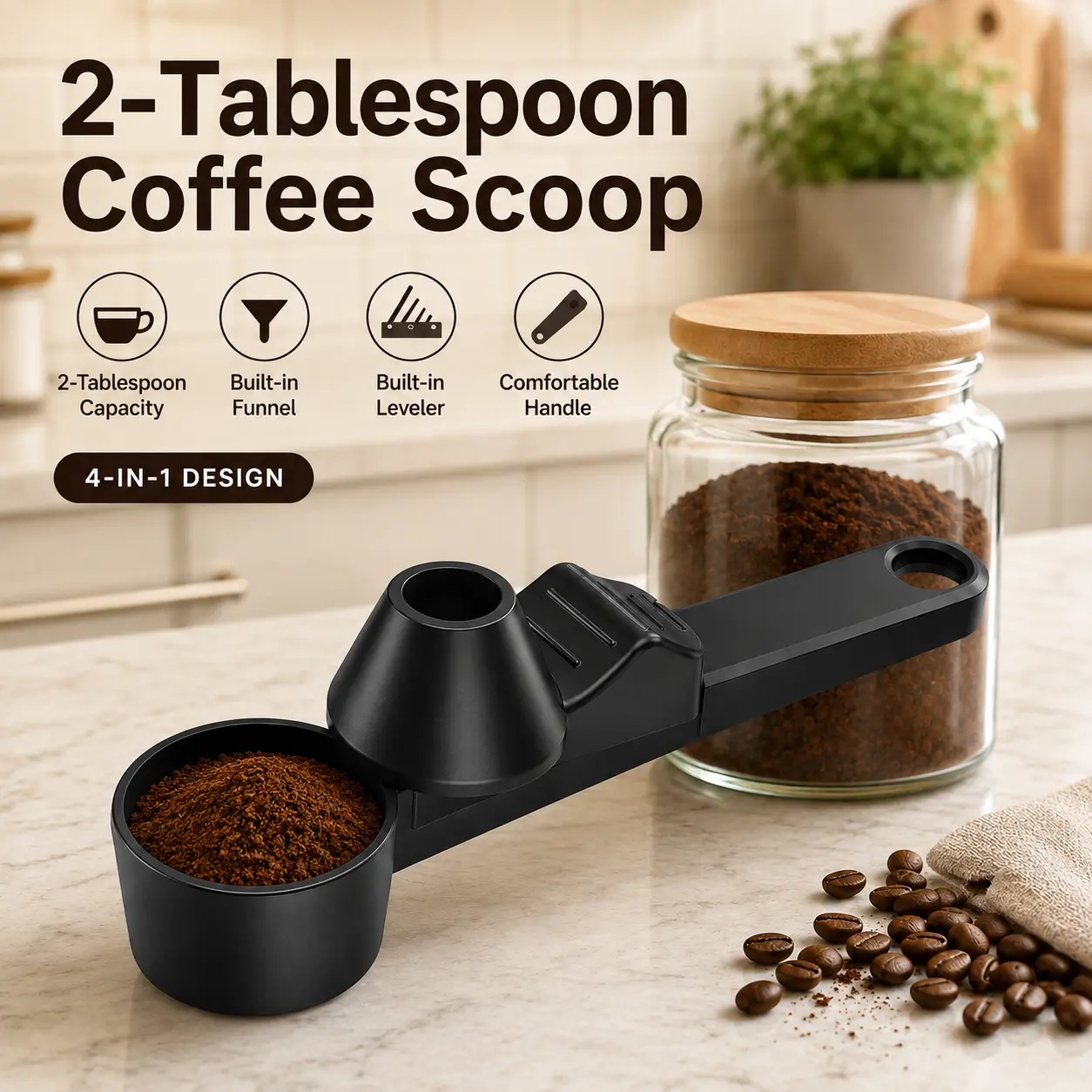 2-Tablespoon Coffee Scoop with Built-In Funnel and Leveler, 4-in-1 Measuring Scoop for Coffee Grounds, Hanging Hole, Black