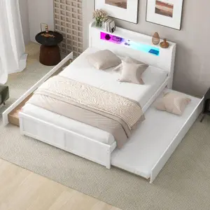 Queen Size Wood Platform Bed Frame with Storage LED Headboard,2 Drawers and 1 Twin Size Trundle, No Box Spring Needed