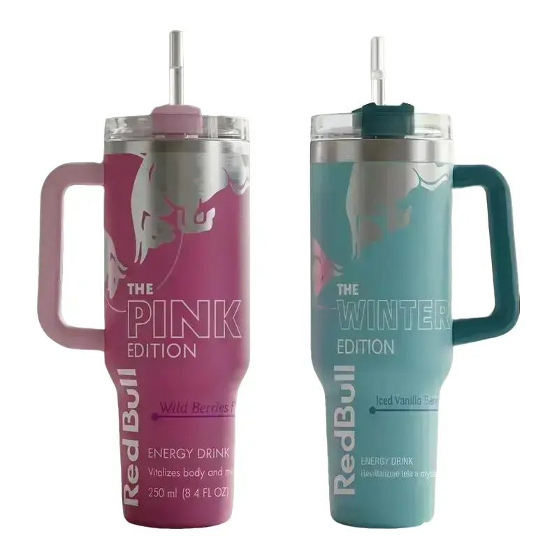 R3d Bvll Pink, Blue & White Edition 40oz Stainless Steel Tumbler With Handle and Straw, Double Wall Vacuum Insulated Travel Mug, Eco-Friendly, Gift for Your Health