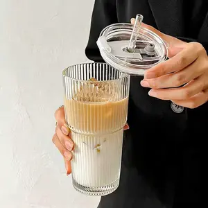 2 Pack 540ml Clear Aesthetic Ribbed Glass Tumblers, Reusable Water Cups with Straws, Dishwasher Safe for Iced Coffee & Smoothies
