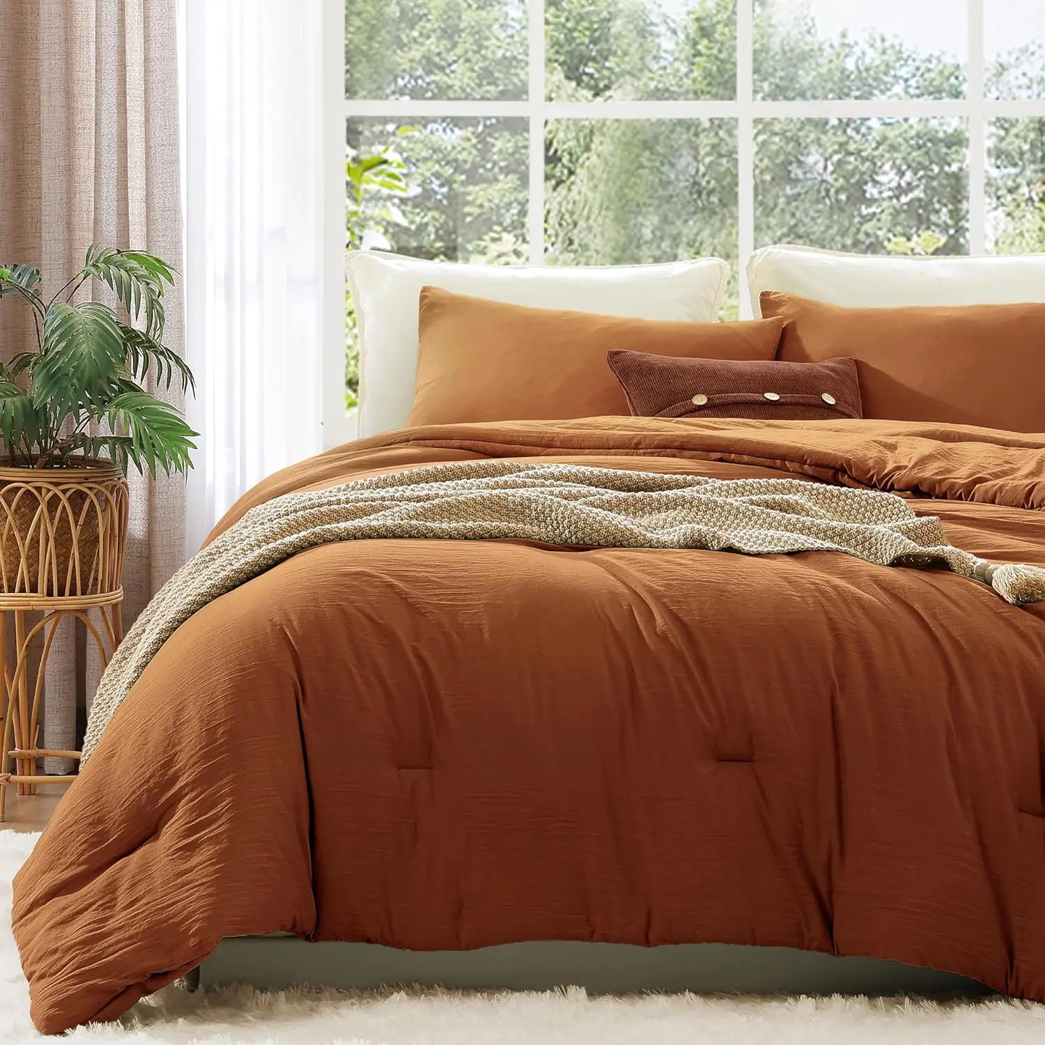Modern King Size 3-Piece Solid Prewashed Polyester Comforter Set - Burnt Orange, Extra Soft Lightweight All-Seasons Bedding, Fluffy Certified Safe Durable Down Alternative Comforter with 2 Machine Washable Pillow Shams