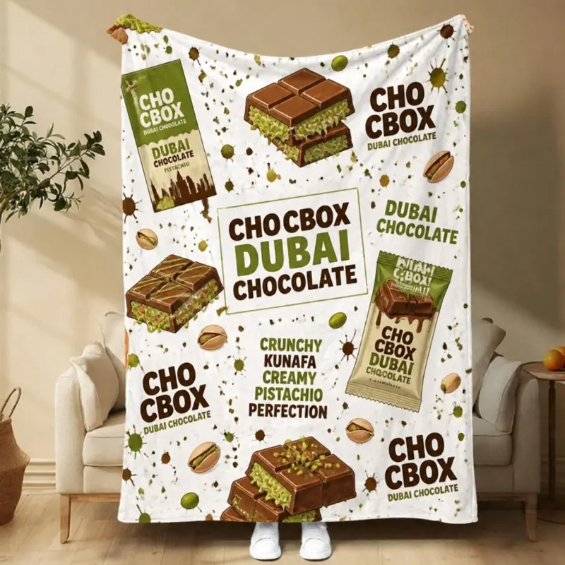 Viral Dubai Chocolate Pistachio Kunafa Flannel Blanket | Snack Girl Weird Cozy Crunchy Kunafa Chocolate Throw | Novelty Foodie Gift for Dorm Kitchen Living Room Decor,Christmas Gift,Christmas Blanket,Christmas Chocolate
