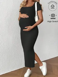 Maternity Dress Summer Casual Solid Color Slit Fitted Dress - Pregnancy Fashion, Nursing Friendly