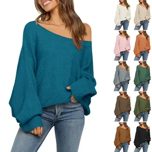 Imily Bela Women's Oversized Crewneck Sweater Batwing Puff Long Sleeve Cable Slouchy Pullover Jumper Tops off Shoulder