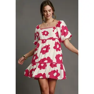 Umgee Full Size Contrast Floral Short Sleeve Mini Dress Plus Size