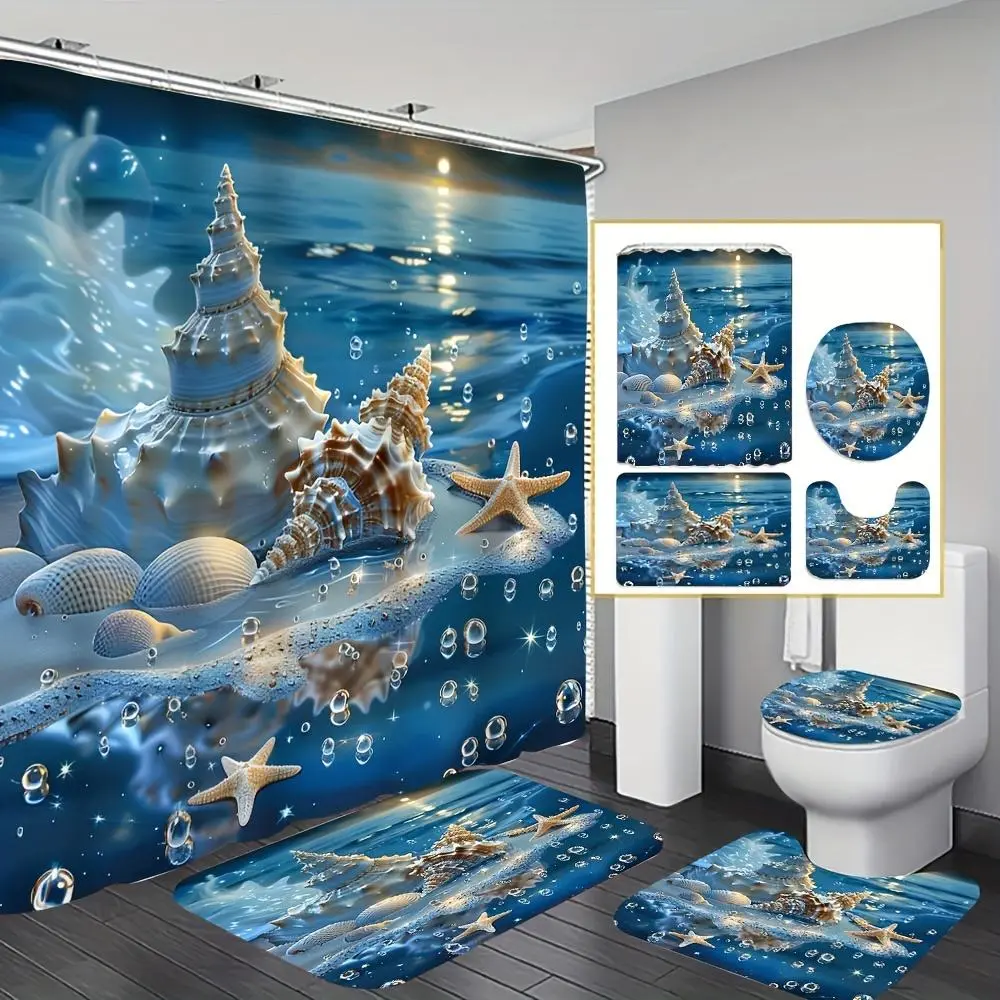 Polyester Mermaid 4-Piece Bathroom Decor Kit - Shower Curtain, Toilet Lid Cover, Bath Mat, U-Shaped Mat Bathroom Accessory Set