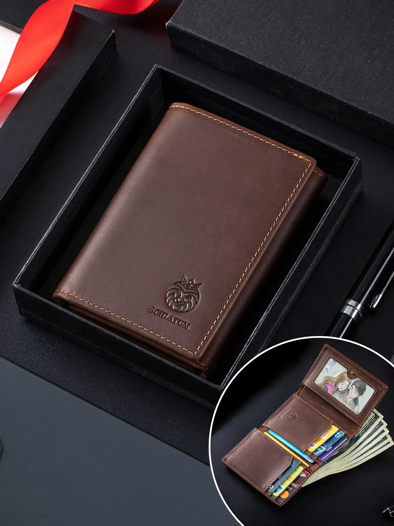 SCHLATUM Genuine Leather Vertical Tri-Fold Wallet, Rfid Anti-Theft Small Card Holder, Travel & Daily Use, Casual Style, All Seasons Trifold Wallet, Rfid Blocking Wallets, Rfid Protected Wallet