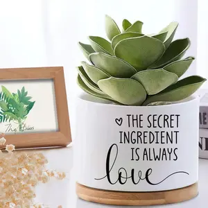 "Secret Ingredient Is Love" Ceramic Succulent Planter with Bamboo Tray - Aesthetic White Mini Flower Pot Gift for Mom, Wife & Friends - Decorative Flower Pot for Kitchen Windowsill, Home Shelf & Office Desk Decor