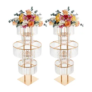 2-Pack 5-Tier Flower Stand with Crystal Pendants, Electroplated Iron & Acrylic Display Rack, 11 lbs Load Capacity Floor or Tabletop for Wedding Venue Garden Balcony Entryway Decor