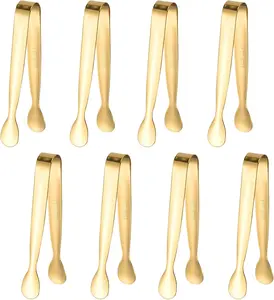 8PCS Gold Mini Metal Tongs, 4.3" Stainless Steel Tiny Tong, Small Kitchen Accessories for Serving Food, Ice, Sugar Cube, Salad, Toaster, Desserts