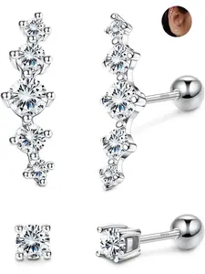 2 Pairs Sterling Silver Cartilage CZ Stud Earrings for Women White Gold Plated Leaf Star Climber Earrings 20G Helix Conch Cartilage Piercing Jewelry Set for Sensitive Ears
