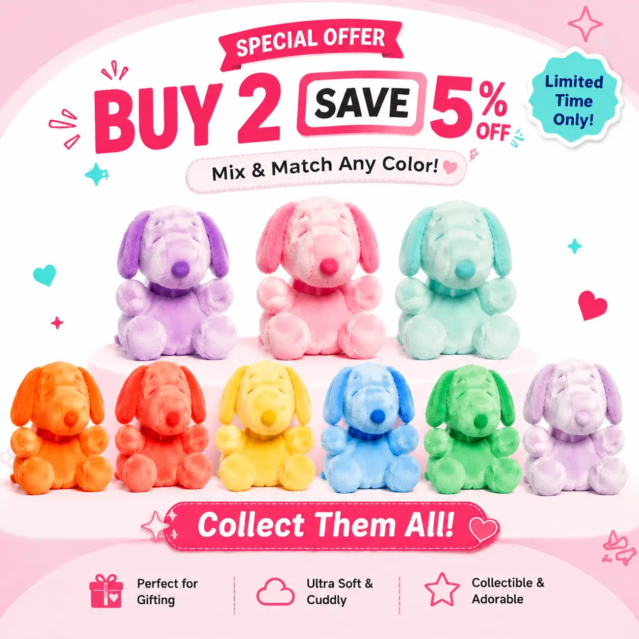Palm Pals Adorable Snoopy Color Collection 5 inch Mini Soft Plush Collectable Stuffed Animal