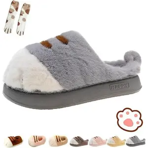 CuteFurryCartoonCatPawSlippersforWinterIndoorandOutdoorComfort