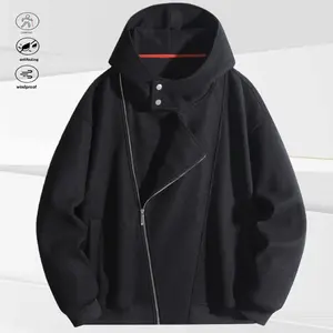 A men's hooded jacket with a diagonal zipper, featuring a unique design, the diagonal zipper is paired with buttons at the neckline, adding stylish details and design elements. The hooded style is both fashionable and practical, perfect for wearing when t