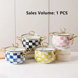 Retro Enamel Soup Pot, Pink White Grid, Multiple Colors, Stackable Cookware, Multifunctional Cooking Pot, Perfect for Daily Use & Outdoor Camping, Pasta, Stews & Family Dining, Works on Induction, Gas, Open Flame, Dutch Oven